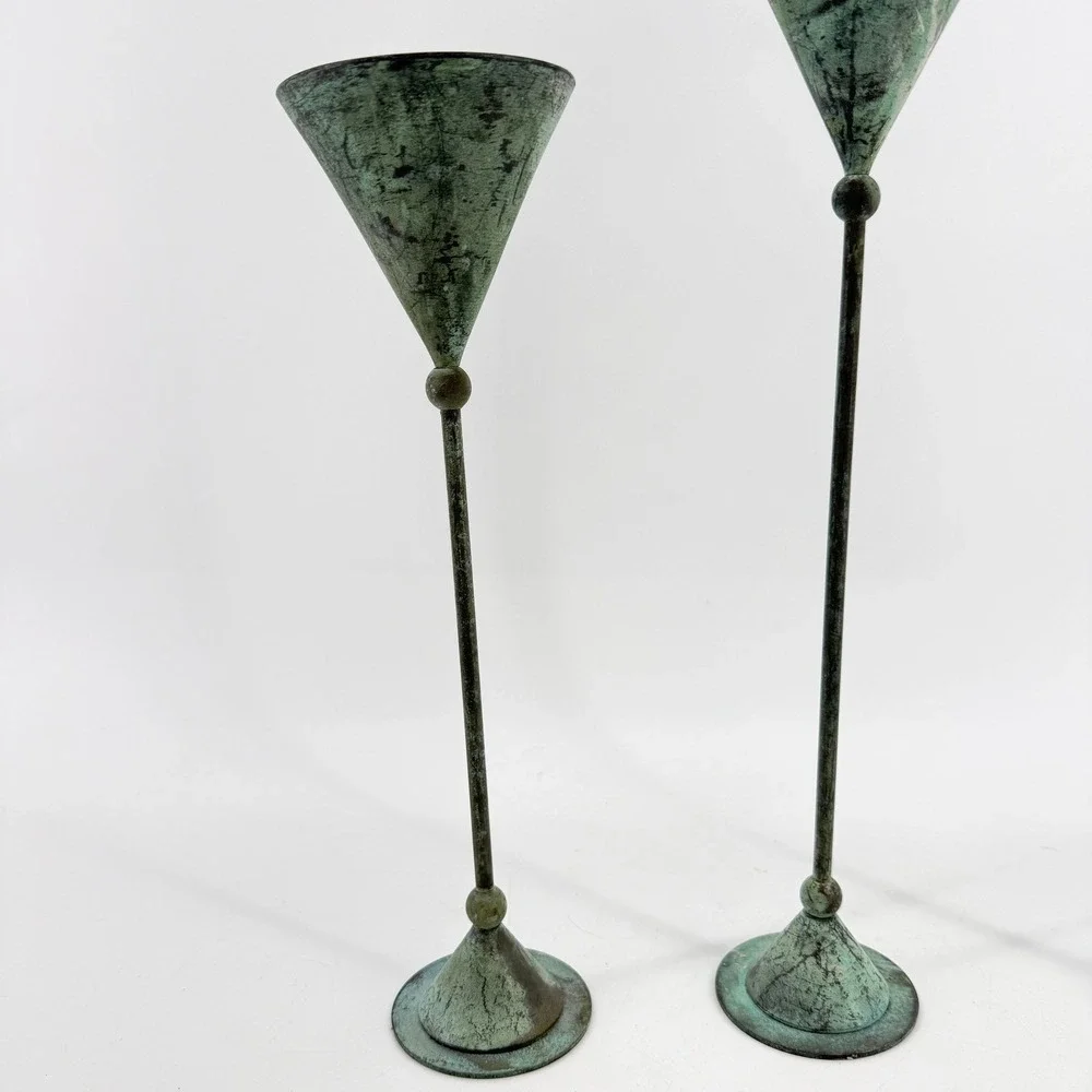 Vtg Verdigris Taper Christian Beaumont Post-Modern Decor Teal Metal Candlesticks
